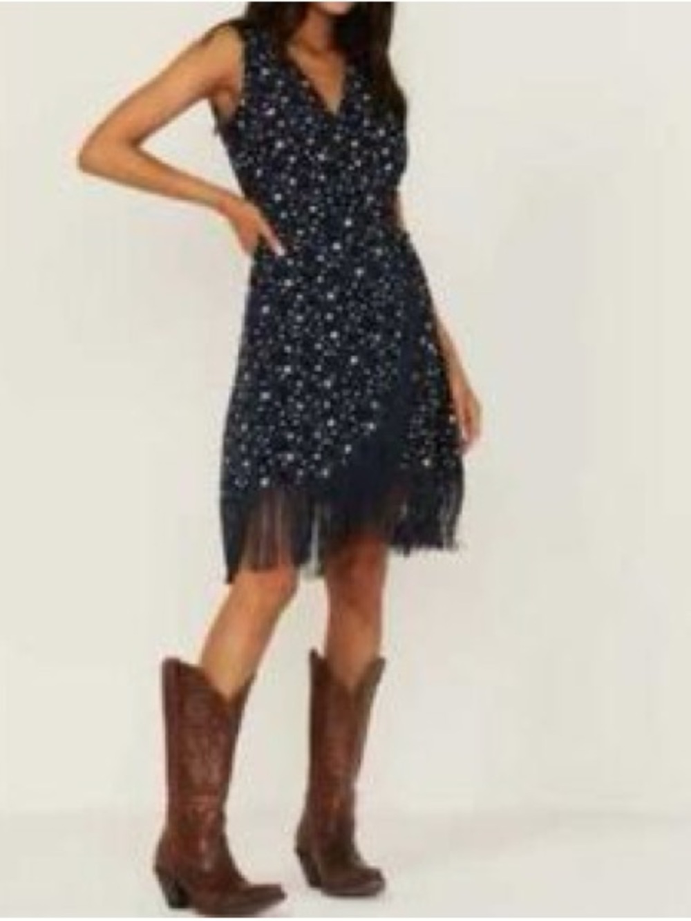 Nwot Idyllwind Navy Star-Print Fringe Mini Dress
